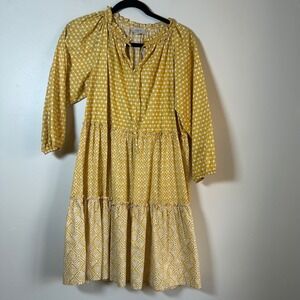 LOFT Yellow Geometric Print Tiered Long Sleeve Casual Dress XS